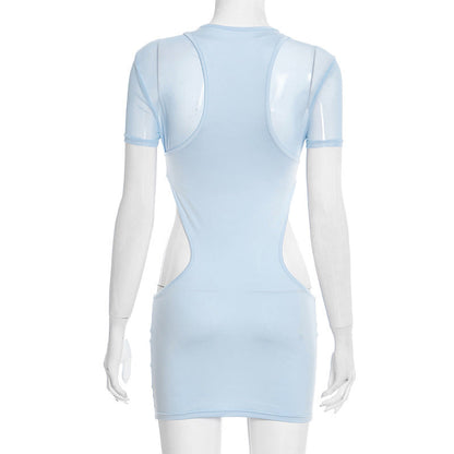 Hollow out crewneck short sleeve mesh cut out mini dress  | Festival Outfits Women