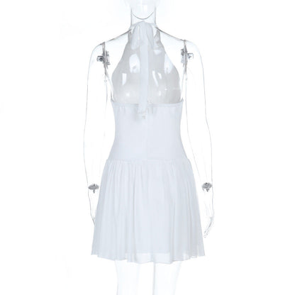 Halter self tie ruched backless solid mini dress  | Festival Outfits Women