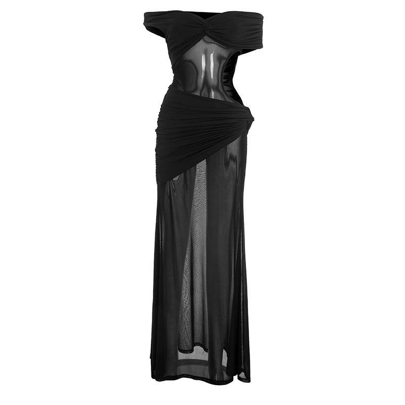 Off shoulder hollow out ruched irregular mesh cut out mini dress  | Festival Outfits Women