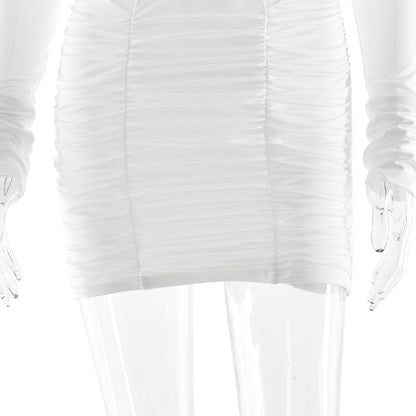 Long sleeve ruched v neck solid mini dress  | Festival Outfits Women