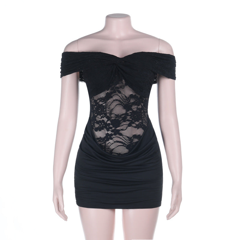 Off shoulder lace ruched solid mini dress  | Festival Outfits Women