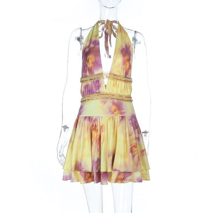 Halter self tie print deep v neck mini dress  | Festival Outfits Women