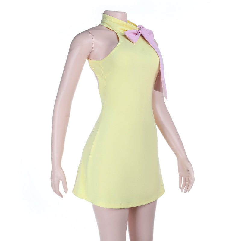 Bowknot self tie high neck backless mini dress  | Festival Outfits Women