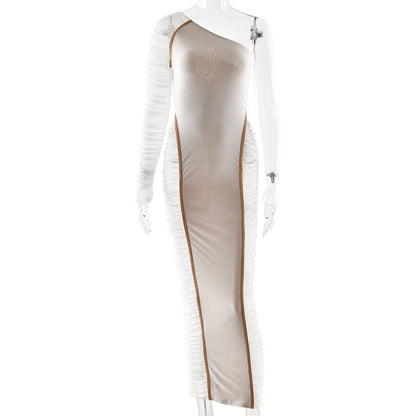 Irregular long sleeve ruched mesh mini dress  | Festival Outfits Women