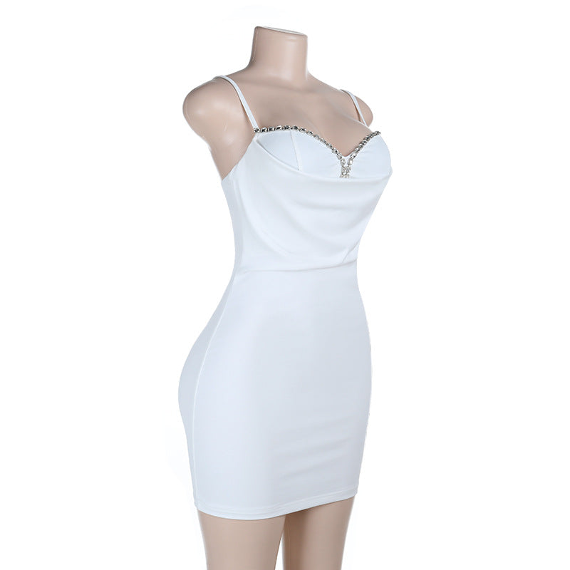 V neck beaded solid backless cami mini dress  | Festival Outfits Women