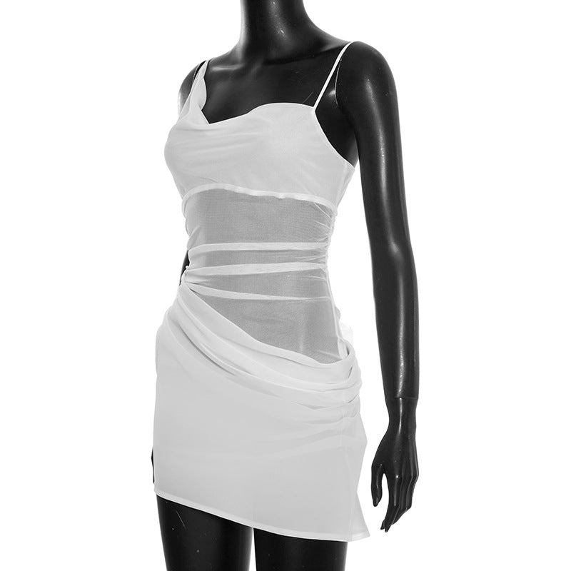 Irregular ruched chiffon backless cami mini dress  | Festival Outfits Women