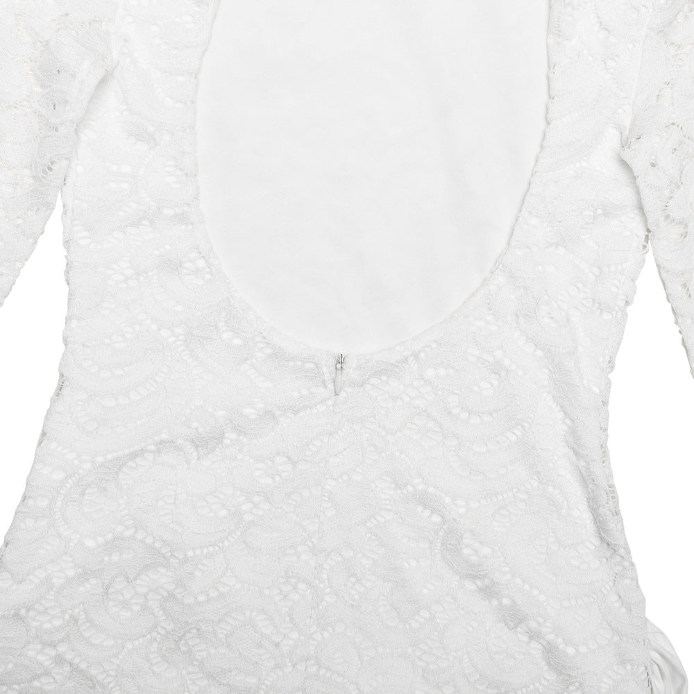 Crewneck long sleeve irregular ruched lace mini dress  | Festival Outfits Women