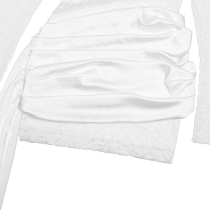 Crewneck long sleeve irregular ruched lace mini dress  | Festival Outfits Women