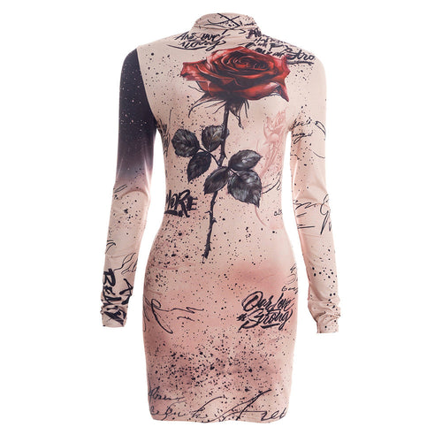 Long sleeve flower applique high neck mini dress  | Festival Outfits Women