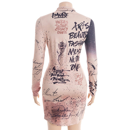 Long sleeve flower applique high neck mini dress  | Festival Outfits Women