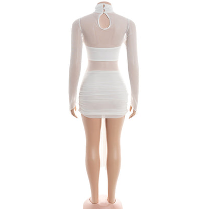 High neck button long sleeve mesh ruched mini dress  | Festival Outfits Women