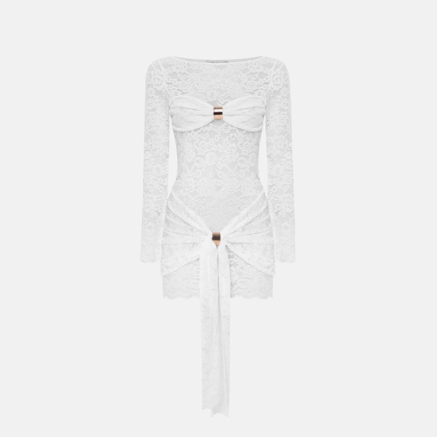 Long sleeve lace crewneck ruched mini dress  | Festival Outfits Women