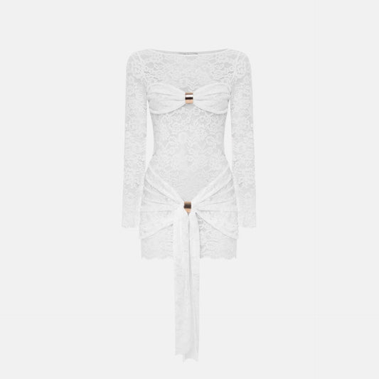 Long sleeve lace crewneck ruched mini dress  | Festival Outfits Women