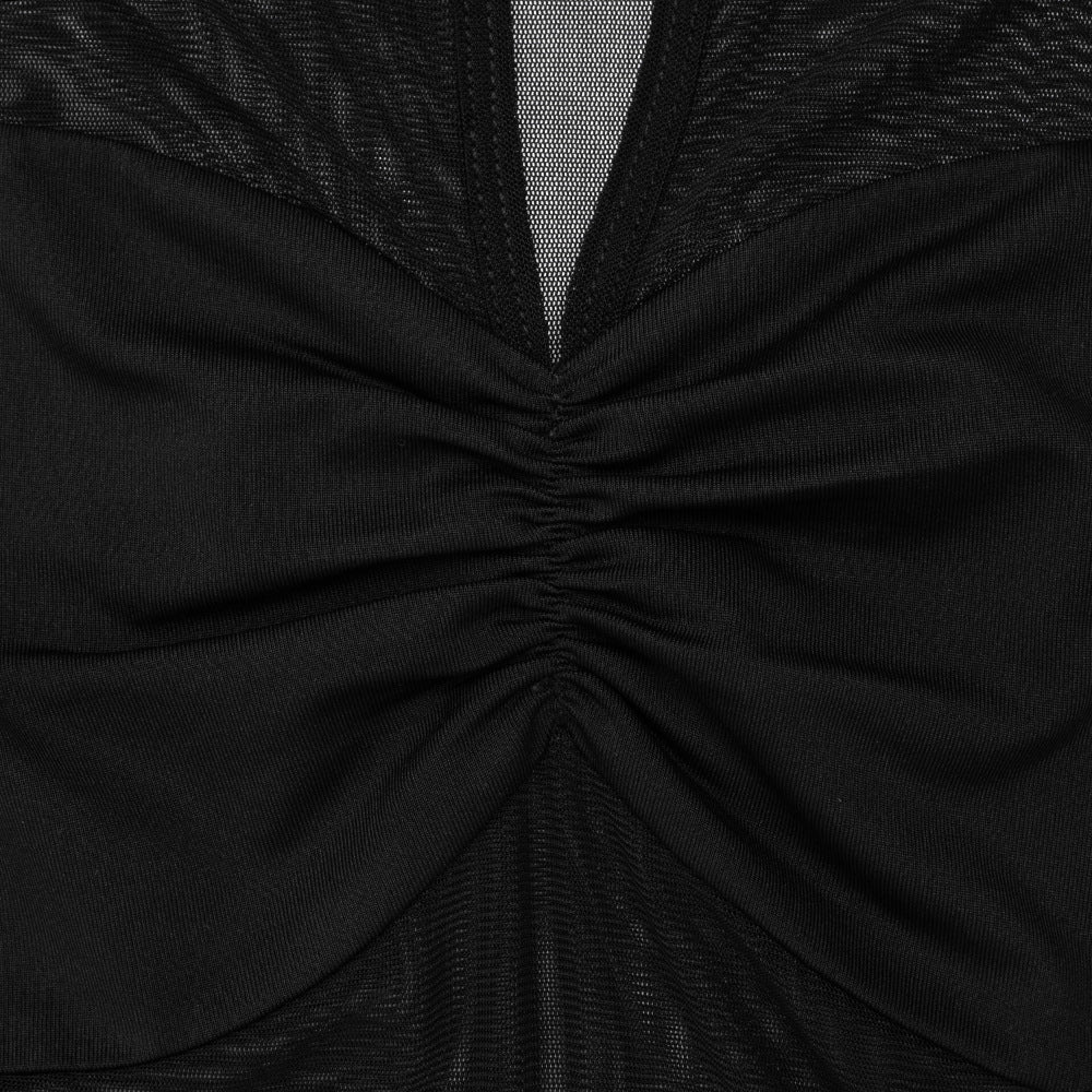 Long sleeve crewneck hollow out ruched mesh mini dress  | Festival Outfits Women