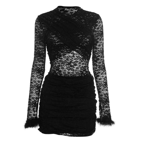 Long sleeve fluffy crewneck lace ruched mini dress  | Festival Outfits Women