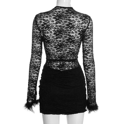 Long sleeve fluffy crewneck lace ruched mini dress  | Festival Outfits Women