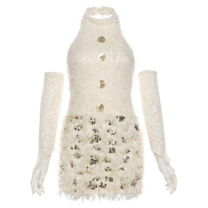 Halter glitter gloves raw hem backless mini dress  | Festival Outfits Women