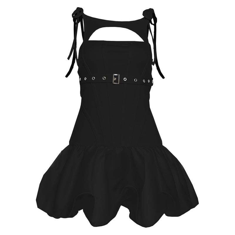 Hollow out self tie ruched buckle mini dress  | Festival Outfits Women