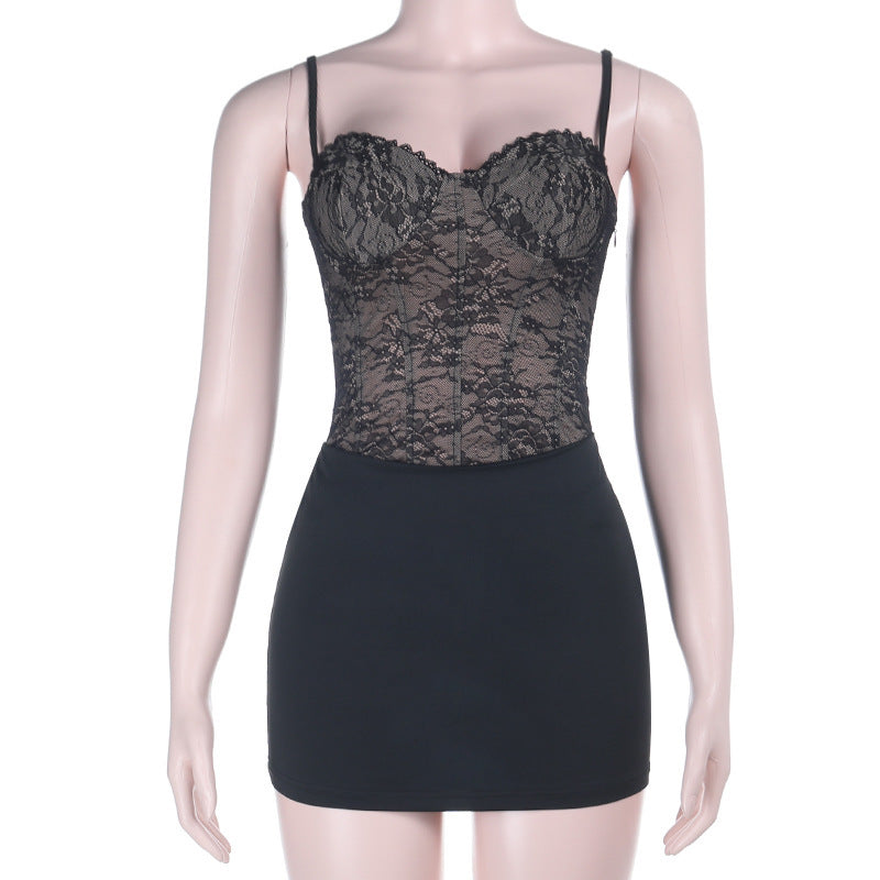 Lace up v neck lace backless cami mini dress  | Festival Outfits Women