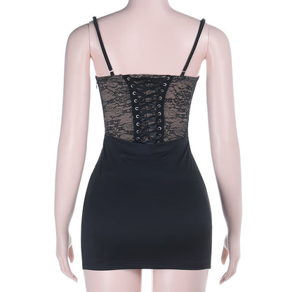 Lace up v neck lace backless cami mini dress  | Festival Outfits Women