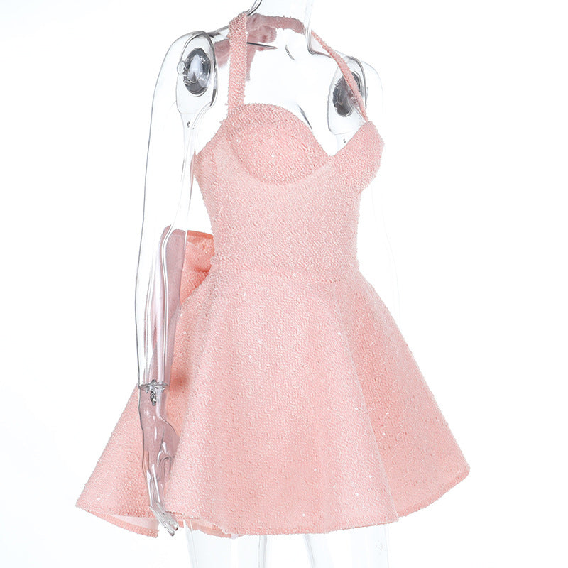 Self tie halter bowknot zip-up v neck mini dress  | Festival Outfits Women