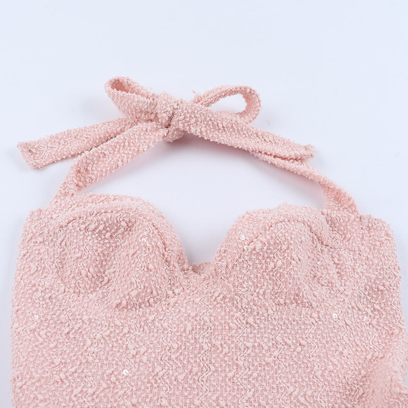 Self tie halter bowknot zip-up v neck mini dress  | Festival Outfits Women