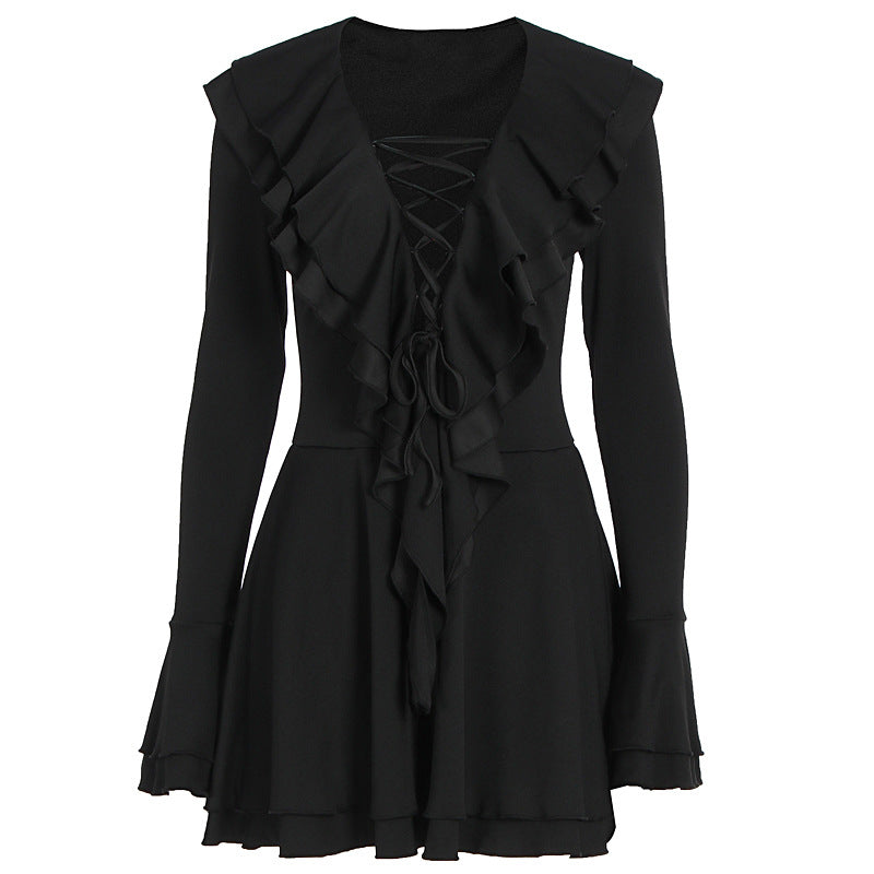 Long flared sleeve ruffle lace up solid mini dress  | Festival Outfits Women