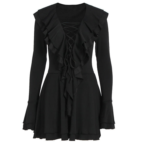 Long flared sleeve ruffle lace up solid mini dress  | Festival Outfits Women