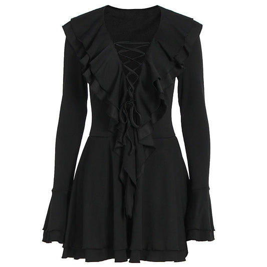 Long flared sleeve ruffle lace up solid mini dress  | Festival Outfits Women