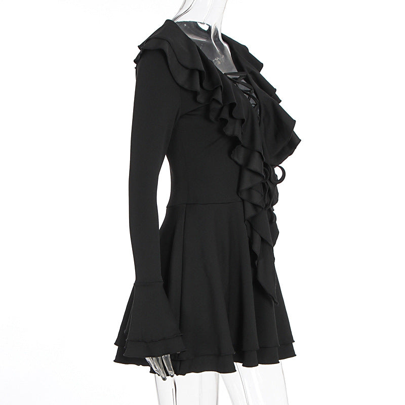 Long flared sleeve ruffle lace up solid mini dress  | Festival Outfits Women