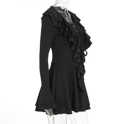 Long flared sleeve ruffle lace up solid mini dress  | Festival Outfits Women