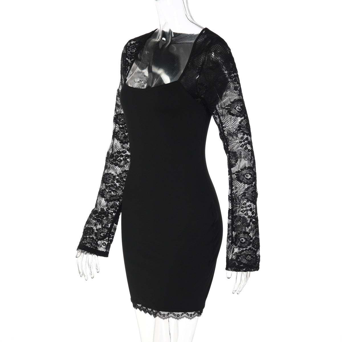 Lace long sleeve square neck solid mini dress  | Festival Outfits Women