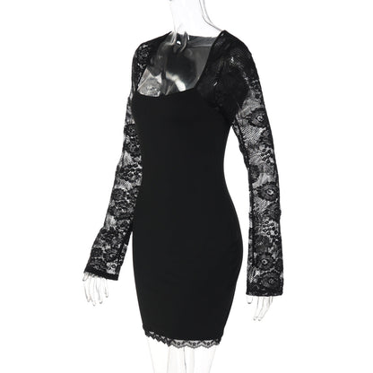 Lace long sleeve square neck solid mini dress  | Festival Outfits Women
