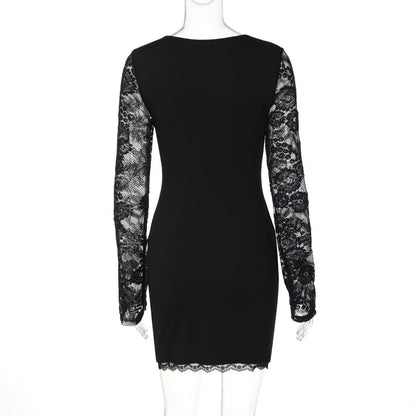Lace long sleeve square neck solid mini dress  | Festival Outfits Women