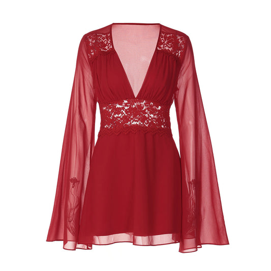 Long flared sleeve v neck chiffon zip-up mini dress  | Festival Outfits Women