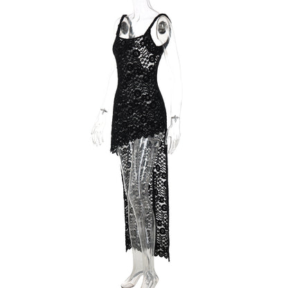 Lace u neck see through backless mini dress  | Festival Outfits Women