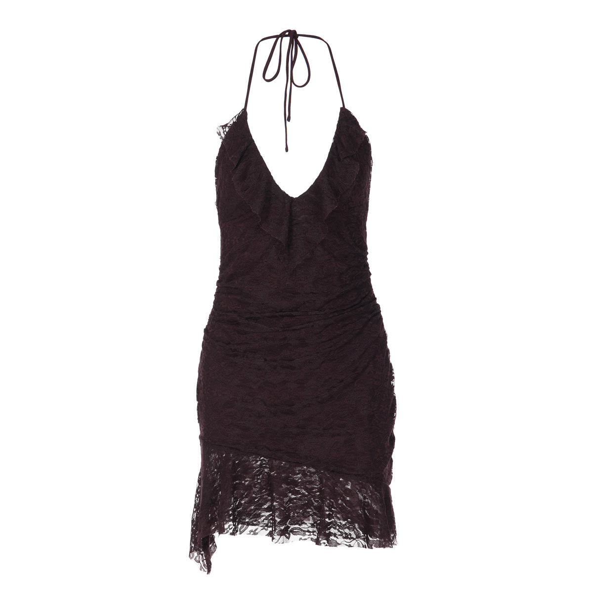 Halter self tie v neck ruffle lace ruched mini dress  | Festival Outfits Women
