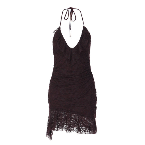 Halter self tie v neck ruffle lace ruched mini dress  | Festival Outfits Women
