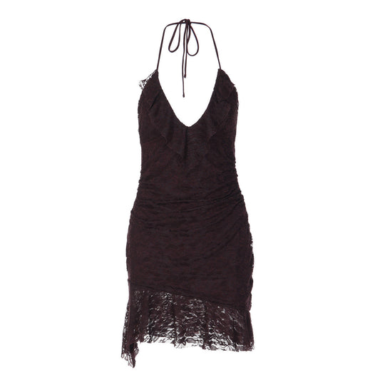 Halter self tie v neck ruffle lace ruched mini dress  | Festival Outfits Women