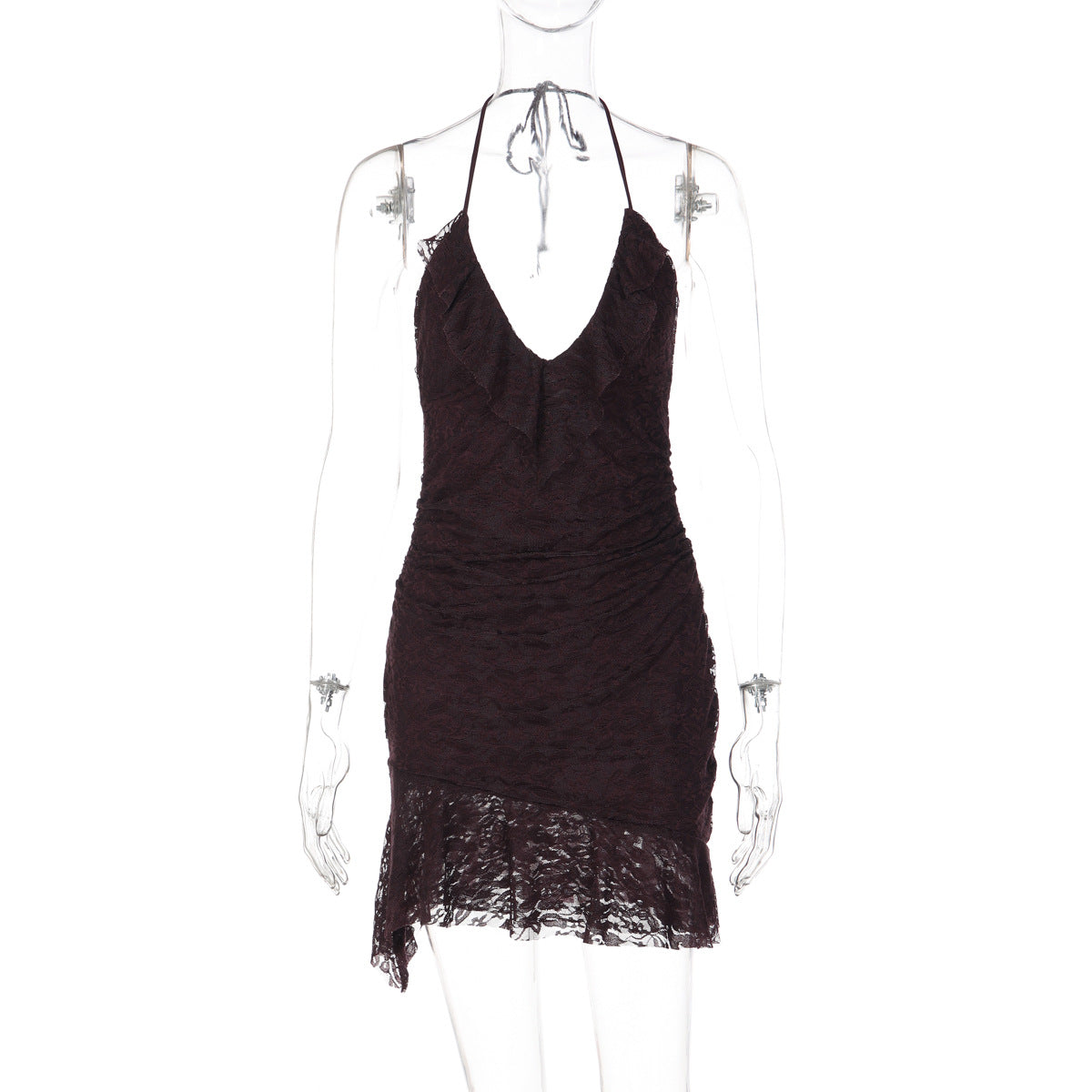Halter self tie v neck ruffle lace ruched mini dress  | Festival Outfits Women