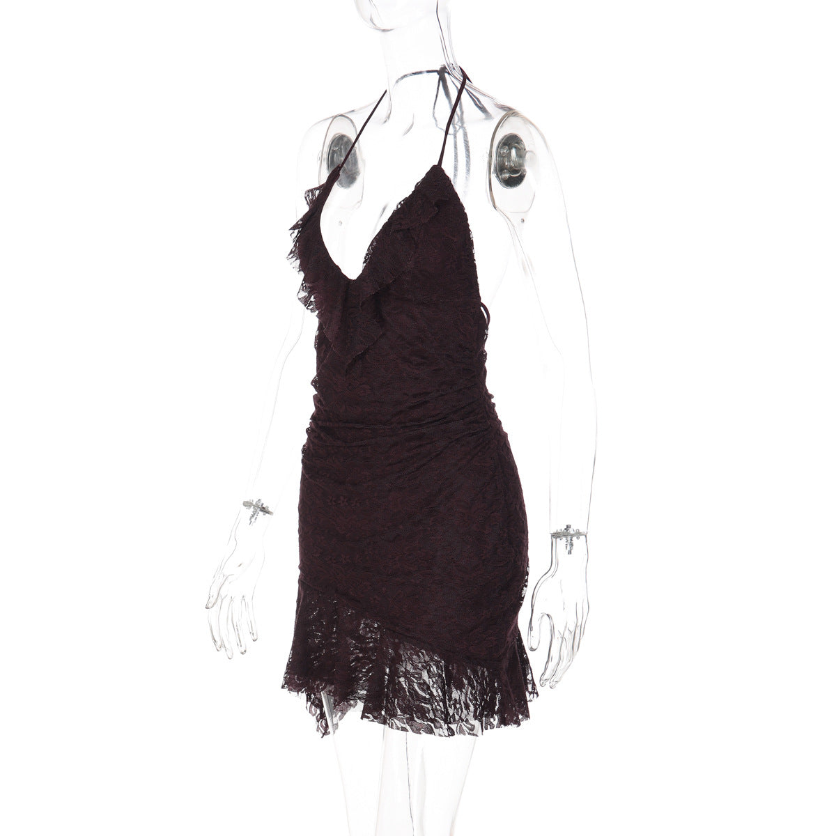 Halter self tie v neck ruffle lace ruched mini dress  | Festival Outfits Women