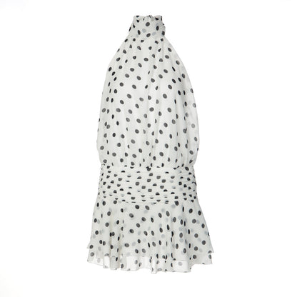 Polka dot halter self tie pleated backless mini dress  | Festival Outfits Women
