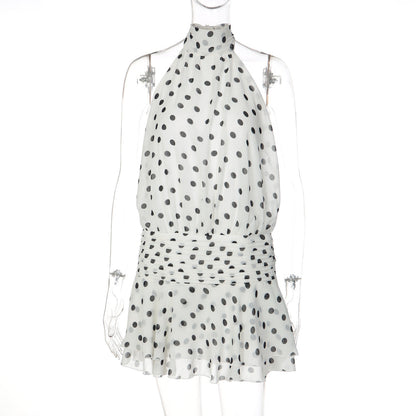 Polka dot halter self tie pleated backless mini dress  | Festival Outfits Women