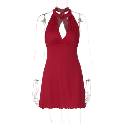 Hollow out ruffle button solid backless mini dress  | Festival Outfits Women