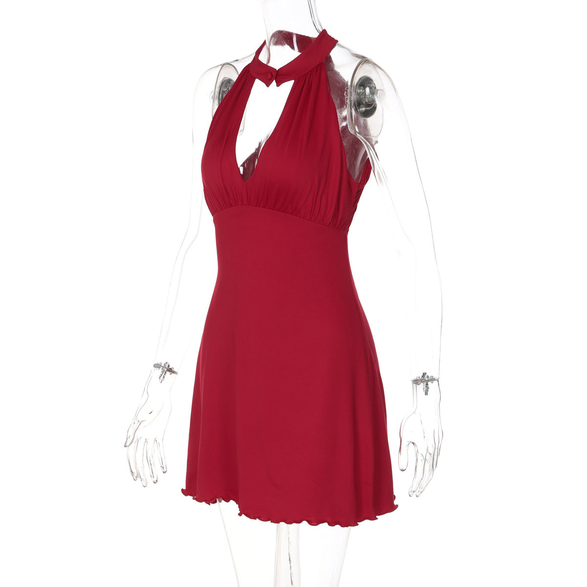 Hollow out ruffle button solid backless mini dress  | Festival Outfits Women
