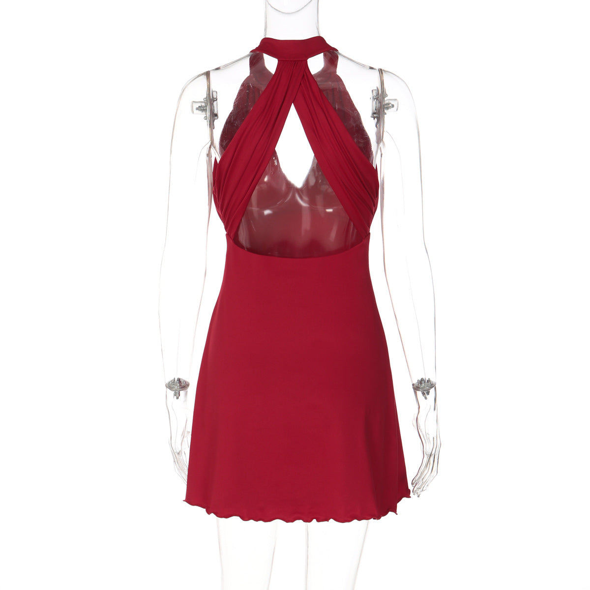 Hollow out ruffle button solid backless mini dress  | Festival Outfits Women