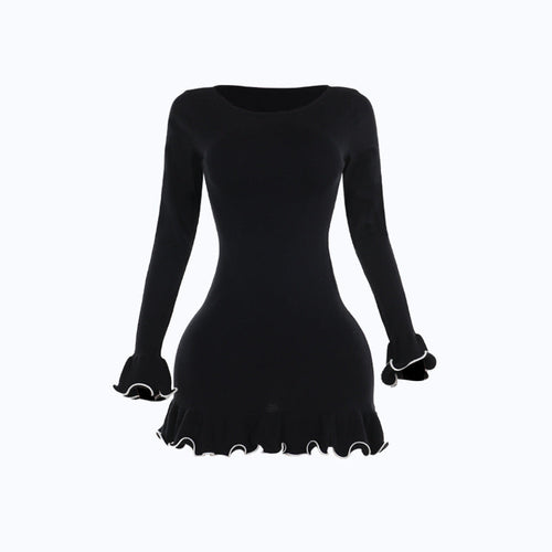 Long flared sleeve ruffle round neck mini dress  | Festival Outfits Women