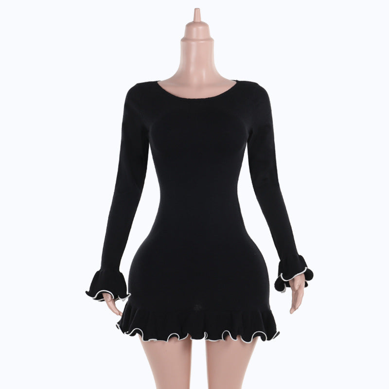 Long flared sleeve ruffle round neck mini dress  | Festival Outfits Women