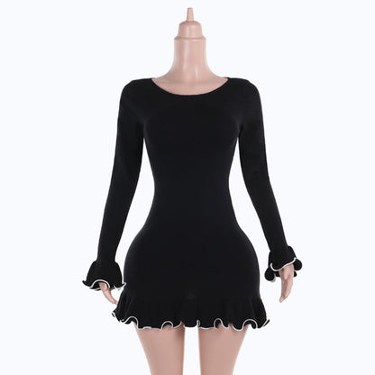 Long flared sleeve ruffle round neck mini dress  | Festival Outfits Women