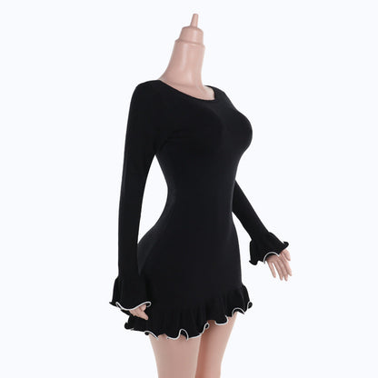 Long flared sleeve ruffle round neck mini dress  | Festival Outfits Women
